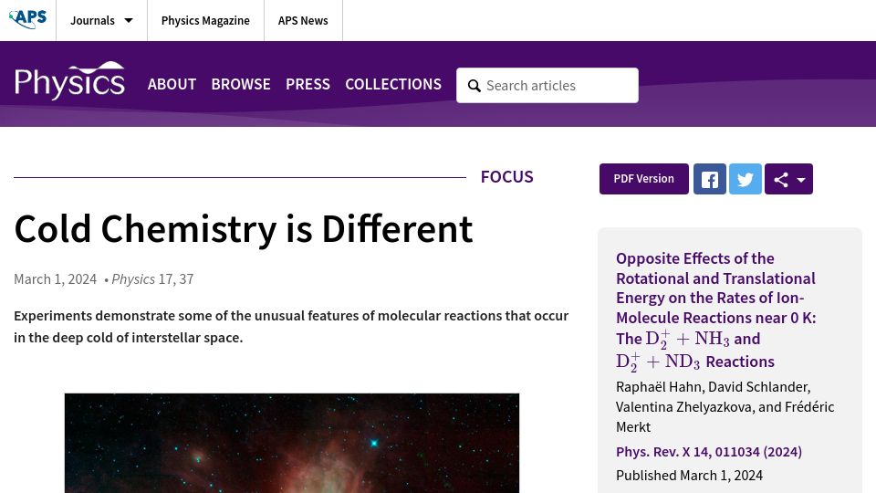 Screenshot of physics.aps.org: Cold Chemistry Is Different