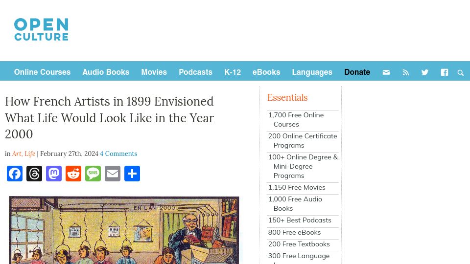Screenshot of openculture.com: French artists in 1899 envisioned what life would look like in the year 2000