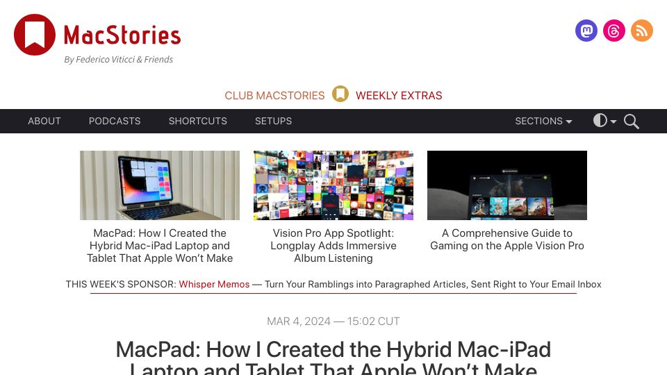 Screenshot of macstories.net: MacPad: I created the hybrid Mac-iPad laptop and tablet that Apple won't make
