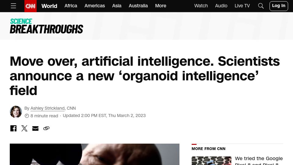 Screenshot of edition.cnn.com: Scientists announce a new 'organoid intelligence' field