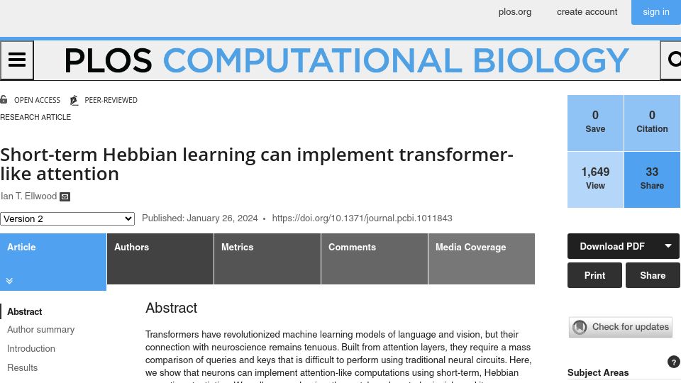 Screenshot of journals.plos.org: Short-term Hebbian learning can implement transformer-like attention