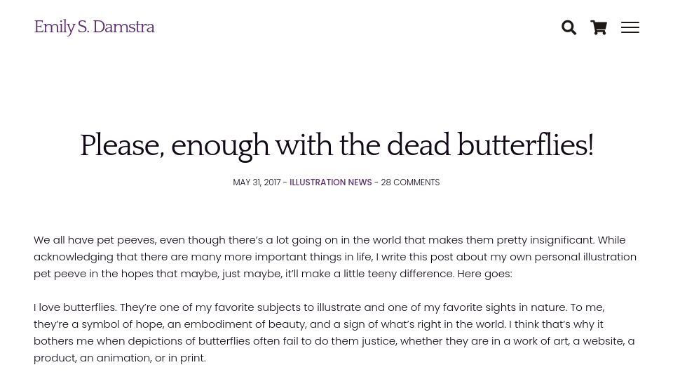Screenshot of emilydamstra.com: Enough with the dead butterflies (2017)