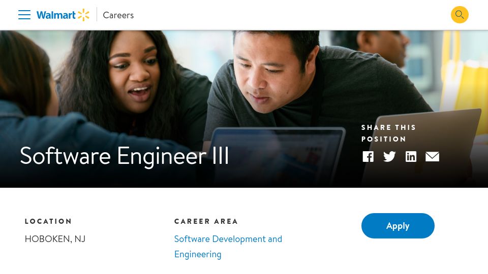 Screenshot of careers.walmart.com: Walmart is migrating the remaining F# code into Java