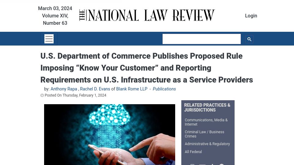 Screenshot of natlawreview.com: Commerce Department Proposes Imposing "Know Your Customer" on IaaS Providers