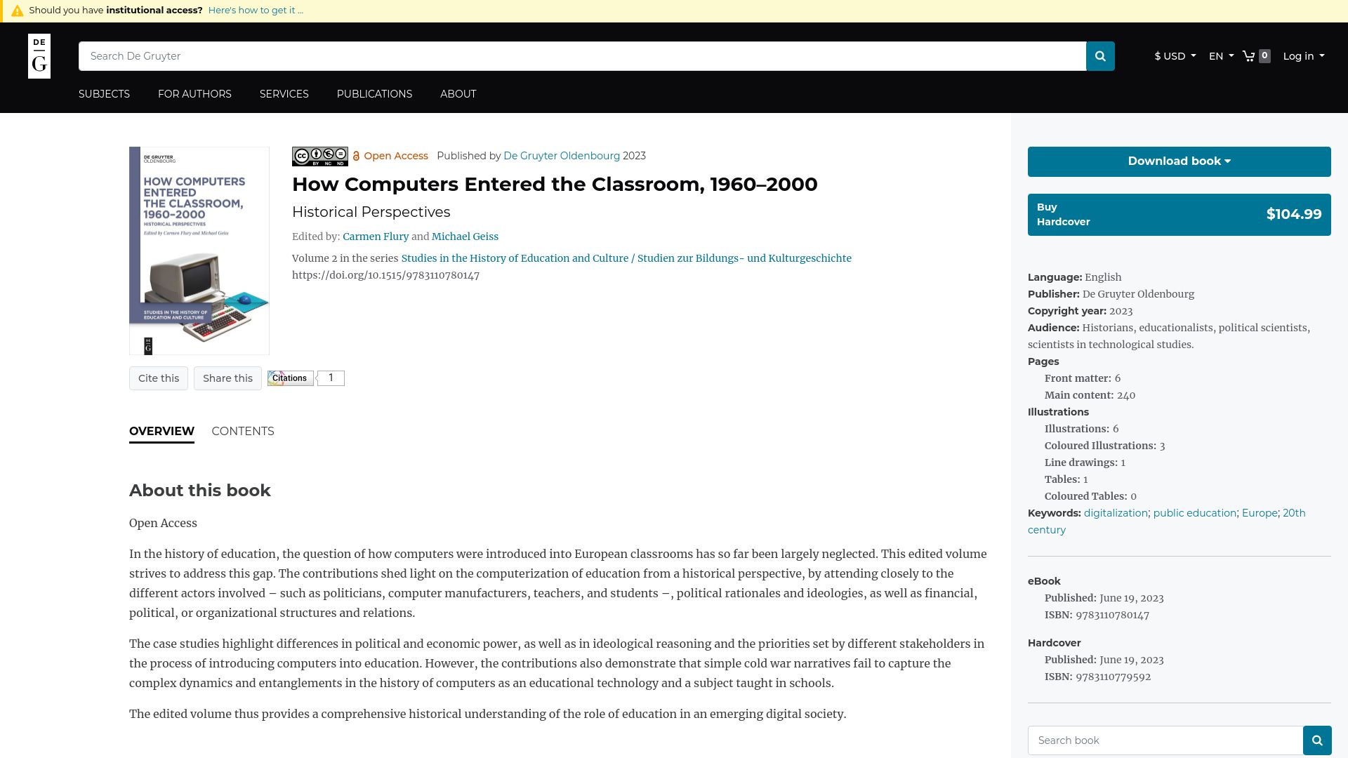 Screenshot of degruyter.com: How computers entered the classroom, 1960–2000