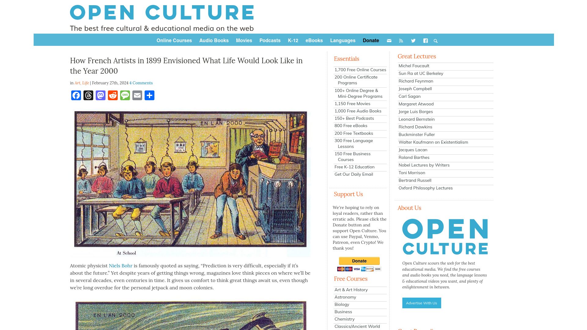 Screenshot of openculture.com: French artists in 1899 envisioned what life would look like in the year 2000