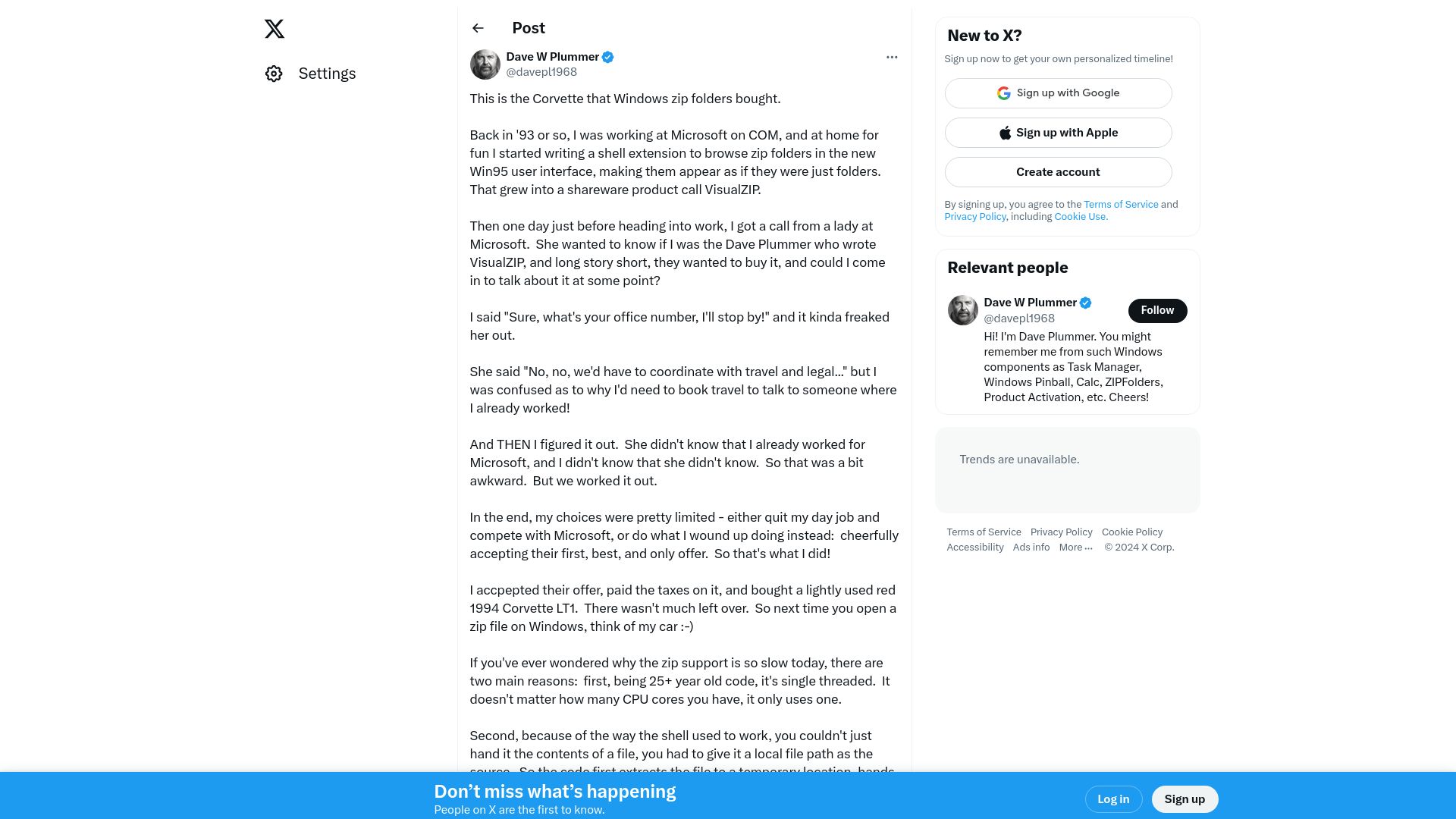 Screenshot of twitter.com: The Corvette that Windows zip folders bought