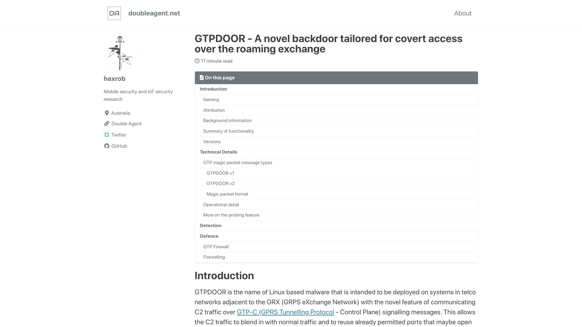 Screenshot of doubleagent.net: GTPDOOR – A novel backdoor tailored for covert access over the roaming exchange
