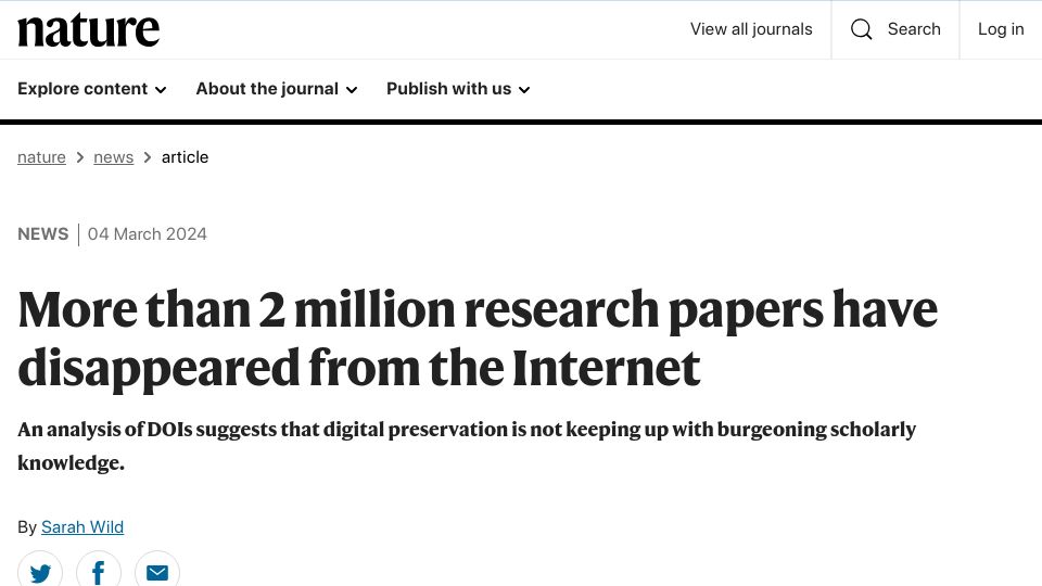 Screenshot of nature.com: More than 2M research papers have disappeared from the Internet