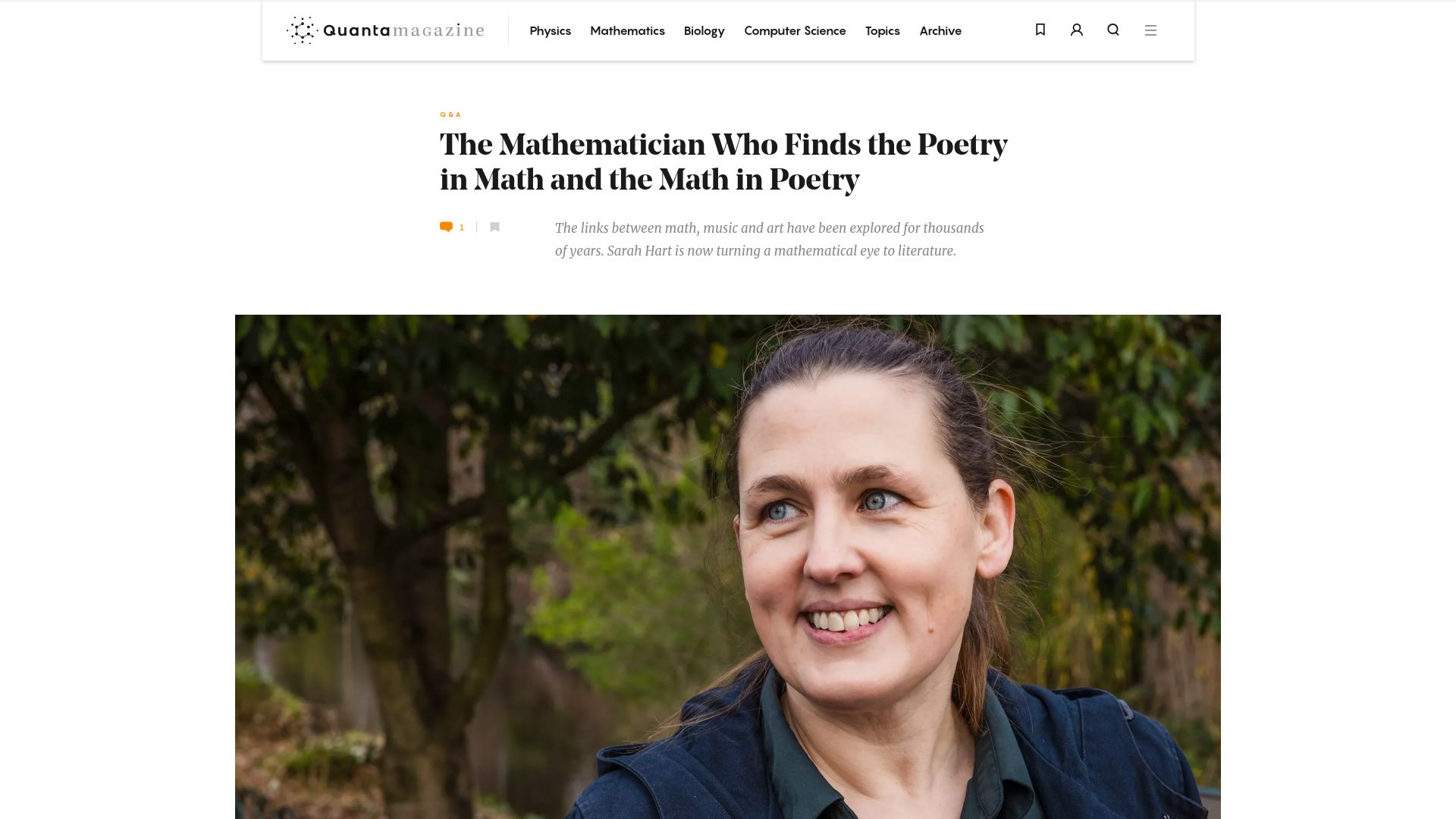 Screenshot of quantamagazine.org: A mathematician who finds poetry in math and math in poetry