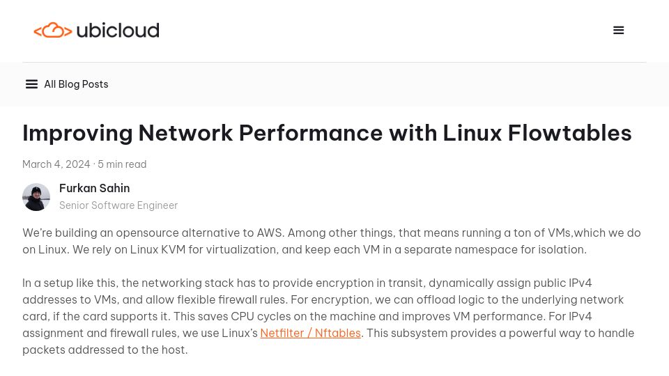 Screenshot of ubicloud.com: Improving Network Performance with Linux Flowtables