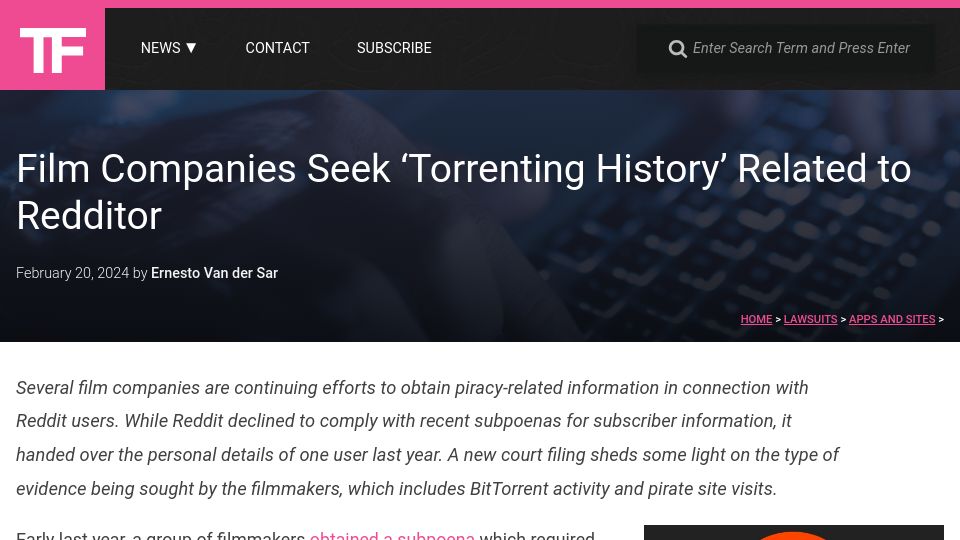 Screenshot of torrentfreak.com: Film Companies Seek 'Torrenting History' Related to Redditor