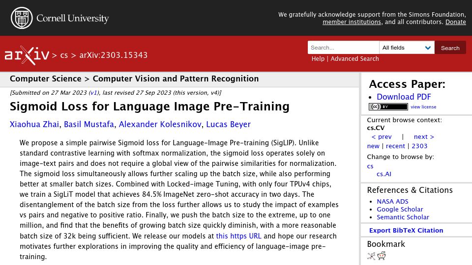 Screenshot of arxiv.org: Sigmoid Loss for Language Image Pre-Training (2023)