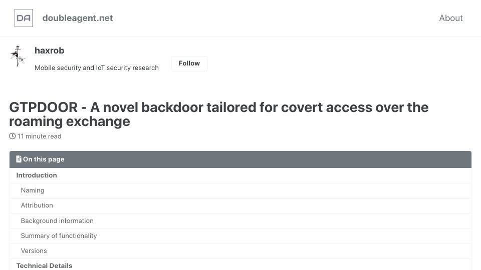 Screenshot of doubleagent.net: GTPDOOR – A novel backdoor tailored for covert access over the roaming exchange