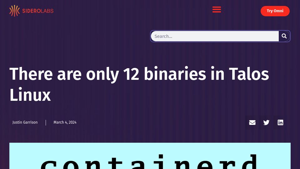 Screenshot of siderolabs.com: There are only 12 binaries in Talos Linux