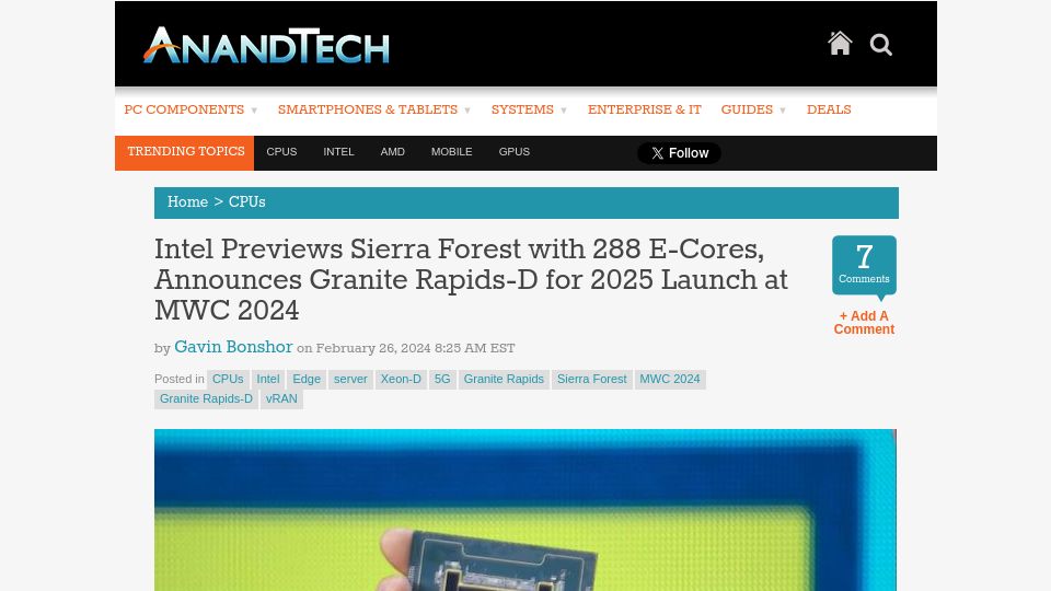 Screenshot of anandtech.com: Intel Previews Sierra Forest with 288 E-Cores, Announces Granite Rapids-D