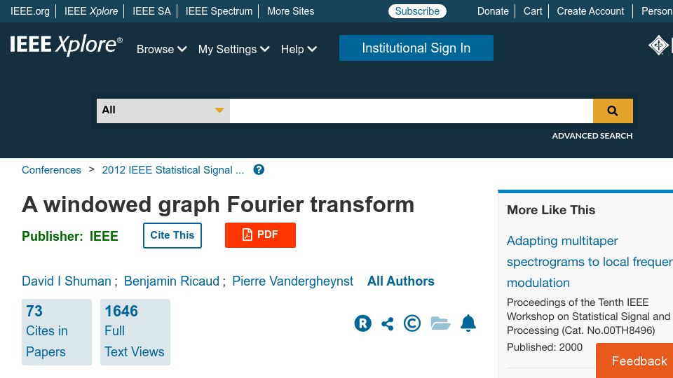 Screenshot of ieeexplore.ieee.org: A windowed graph Fourier transform (2012)