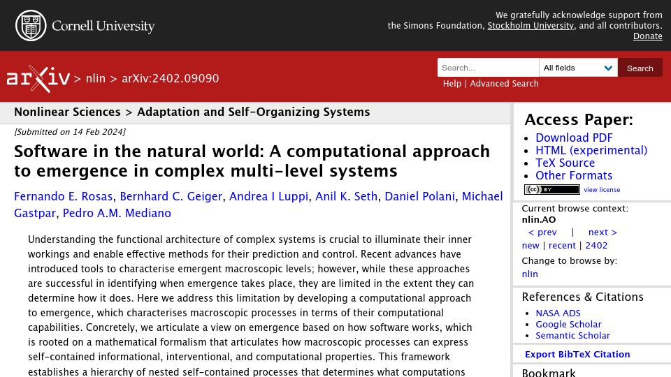 Screenshot of arxiv.org: A computational approach to emergence in complex multi-level systems