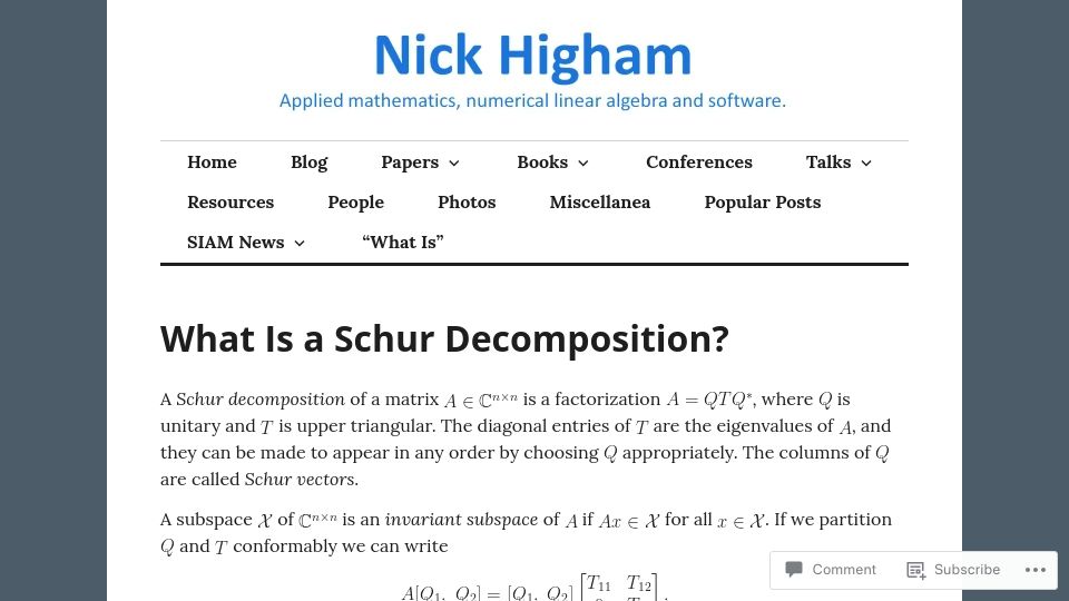 Screenshot of nhigham.com: What Is a Schur Decomposition? (2022)