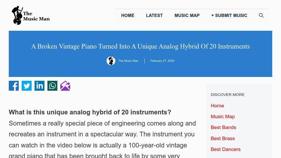 Screenshot of themusicman.uk: A broken vintage piano turned into an analog hybrid of 20 instruments