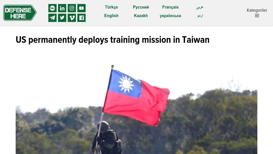 Screenshot of defensehere.com: US permanently deploys training mission in Taiwan