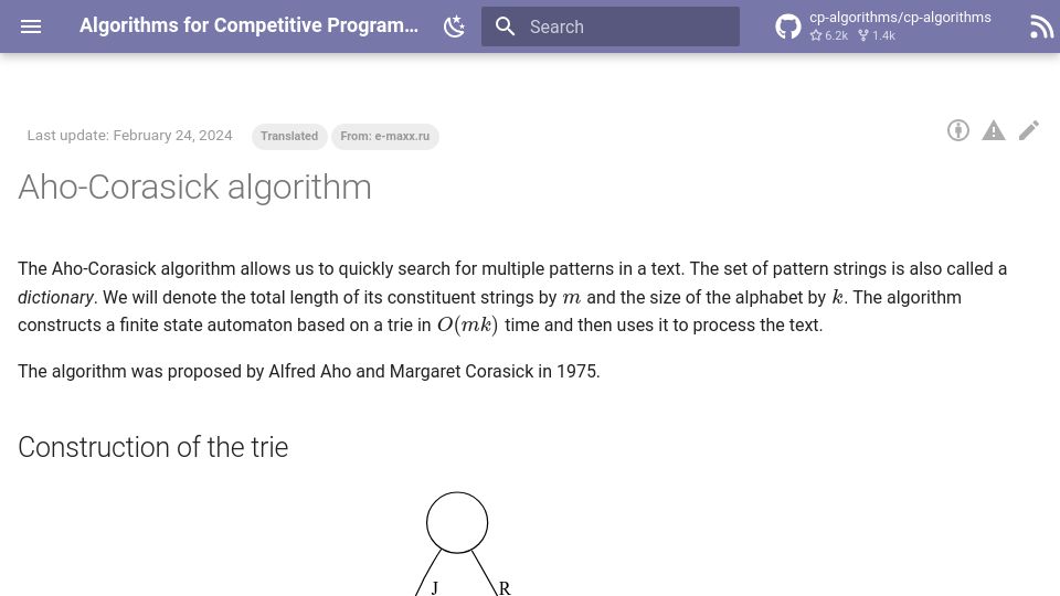 Screenshot of cp-algorithms.com: Aho-Corasick Algorithm