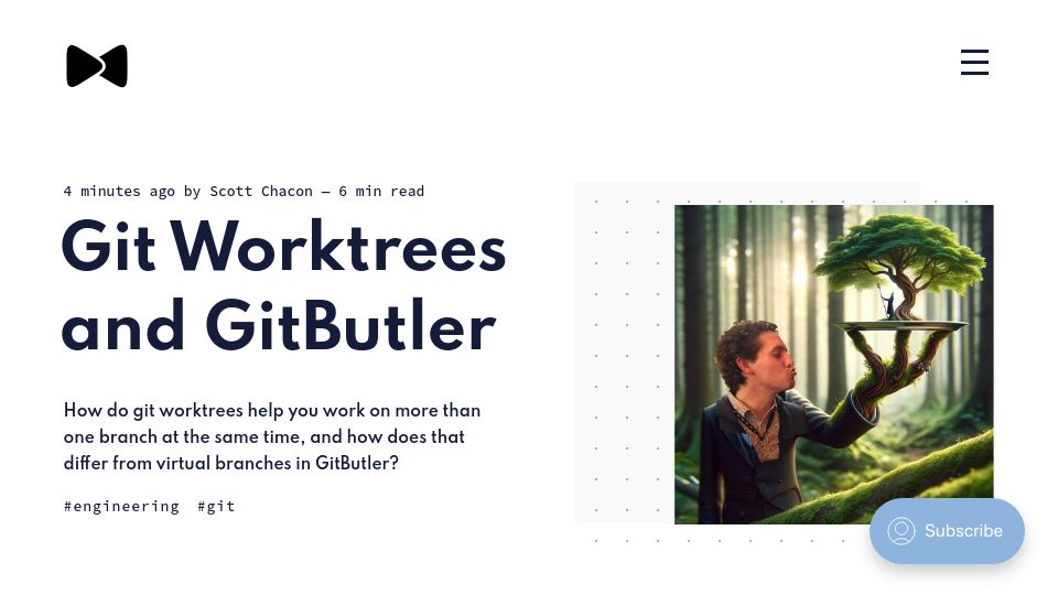 Screenshot of blog.gitbutler.com: Git Worktrees and GitButler