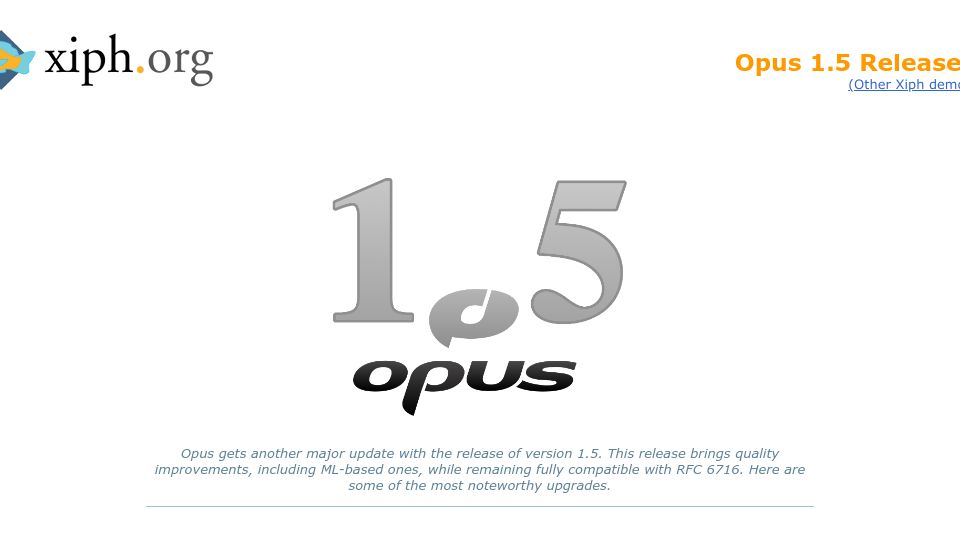 Screenshot of opus-codec.org: Opus 1.5 released: Opus gets a machine learning upgrade