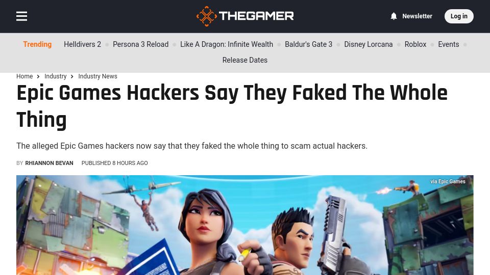 Screenshot of thegamer.com: Epic Games Hackers Say They Faked the Whole Thing