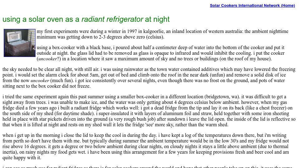 Screenshot of solarcooking.org: Using a solar oven as a radiant refrigerator at night