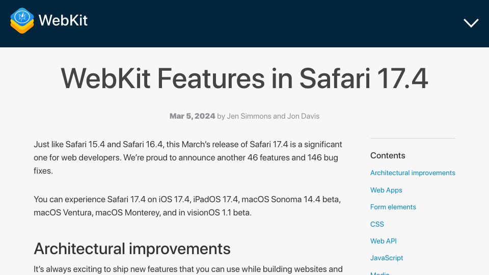 Screenshot of webkit.org: WebKit Features in Safari 17.4