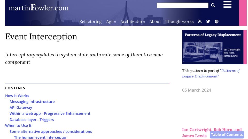 Screenshot of martinfowler.com: Event Interception