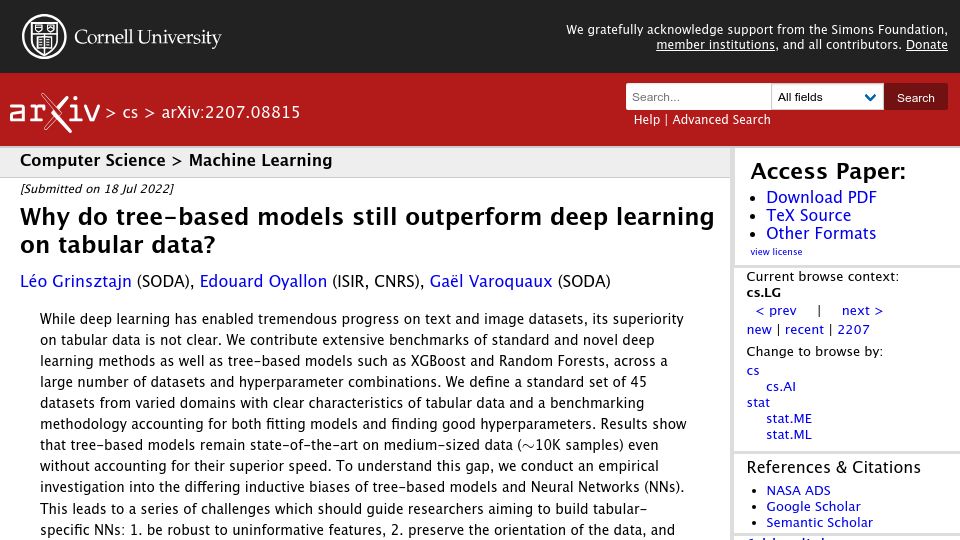 Screenshot of arxiv.org: Why do tree-based models still outperform deep learning on tabular data? (2022)