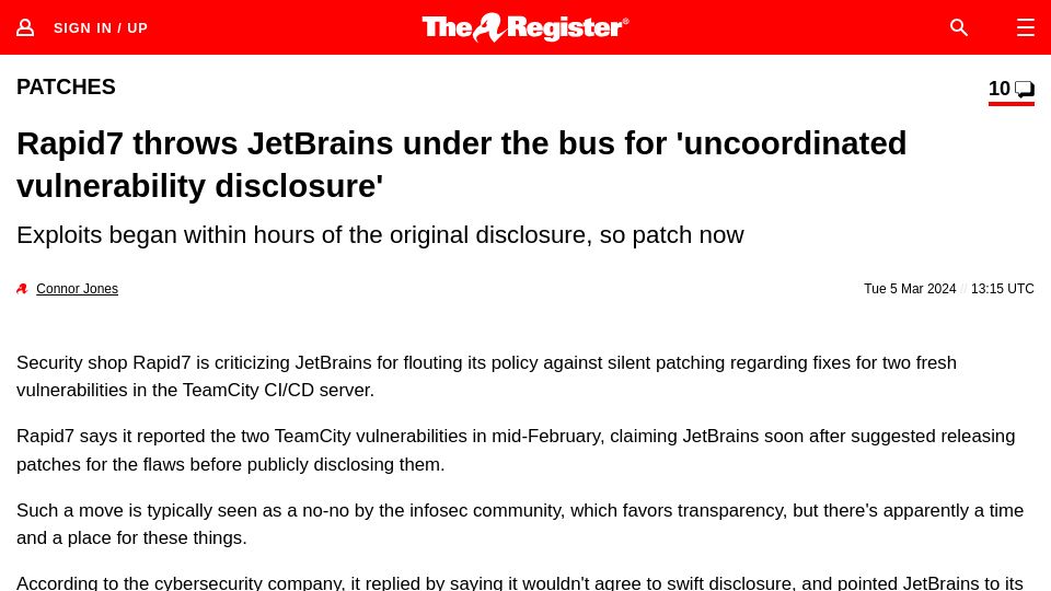 Screenshot of theregister.com: Rapid7 throws JetBrains under the bus for uncoordinated vulnerability disclosure