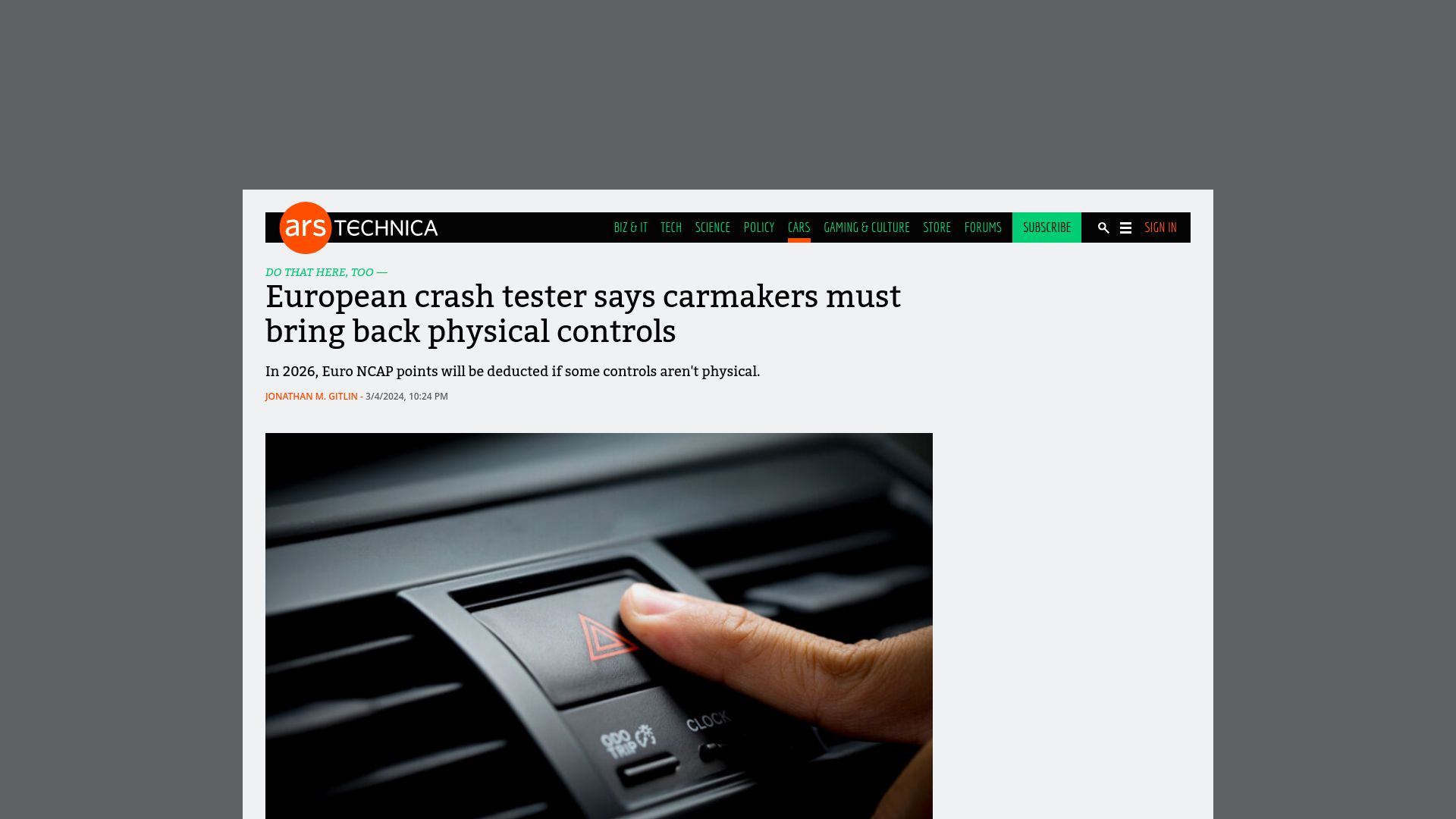 Screenshot of arstechnica.com: European crash tester says carmakers must bring back physical controls