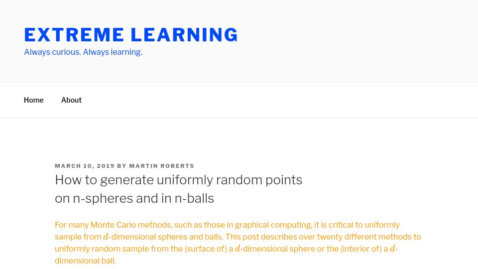 Screenshot of extremelearning.com.au: How to generate uniformly random points on n-spheres and in n-balls