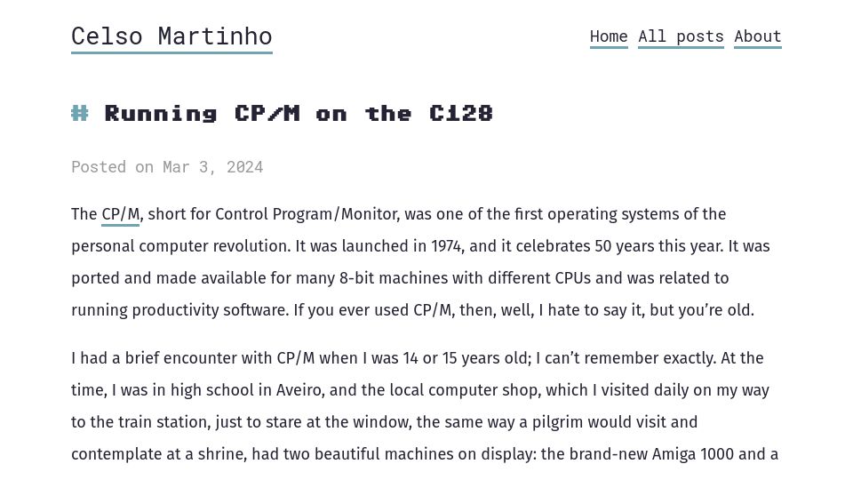 Screenshot of celso.io: Running CP/M on the C128