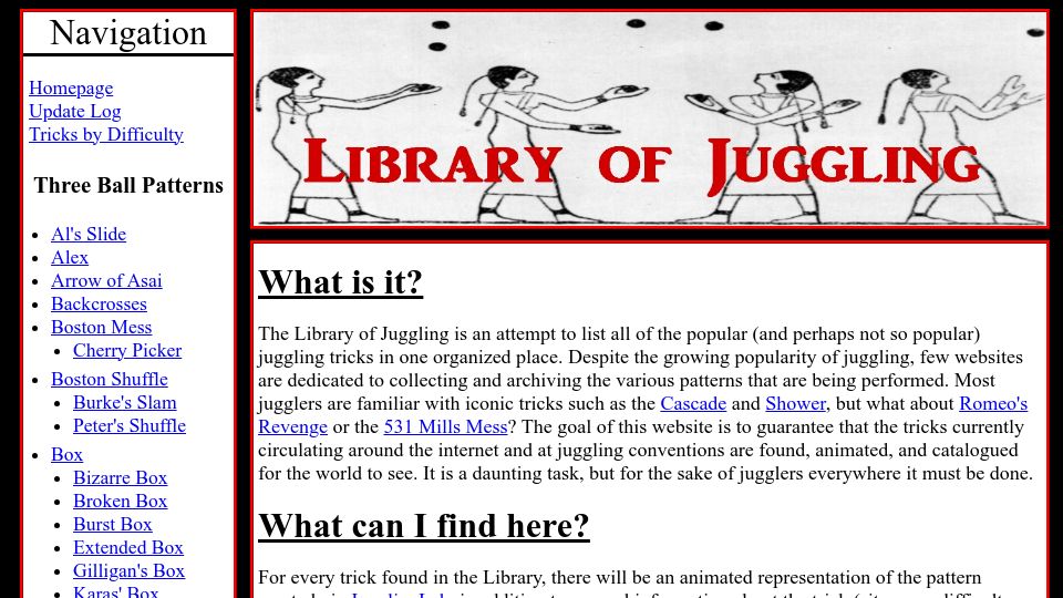 Screenshot of libraryofjuggling.com: Library of Juggling