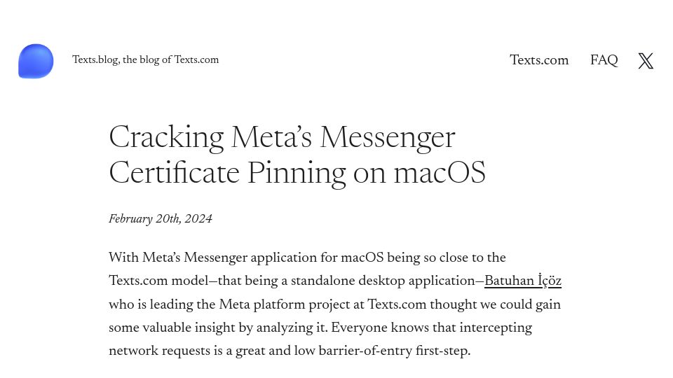 Screenshot of texts.blog: Cracking Meta's Messenger Certificate Pinning on macOS