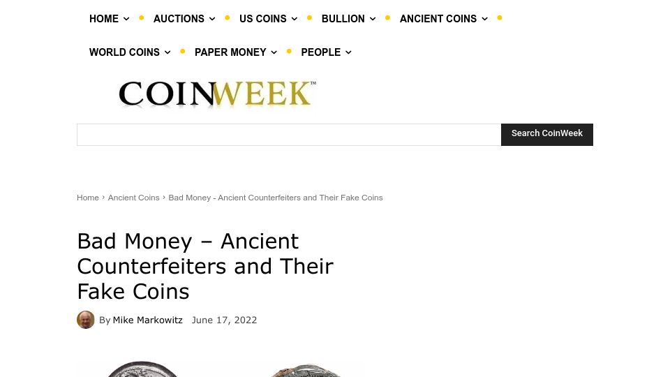 Screenshot of coinweek.com: Ancient counterfeiters and their fake coins