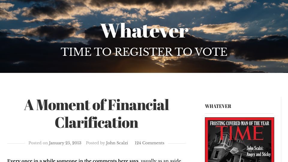 Screenshot of whatever.scalzi.com: A moment of financial clarification (2013)