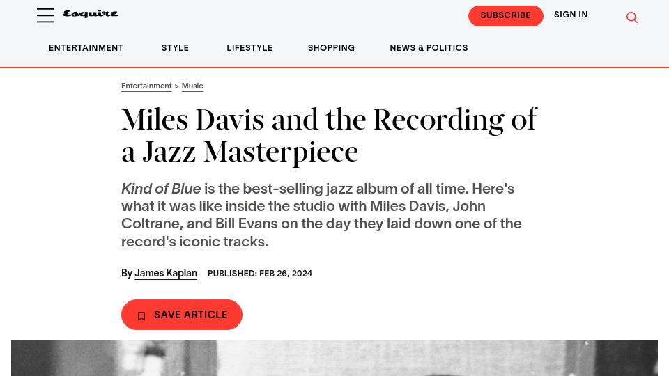 Screenshot of esquire.com: Miles Davis and the recording of Kind of Blue