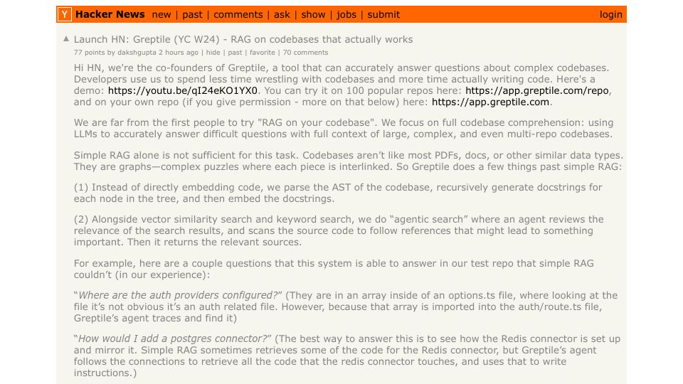 Screenshot of Hacker News post: Launch HN: Greptile (YC W24) - RAG on codebases that actually works