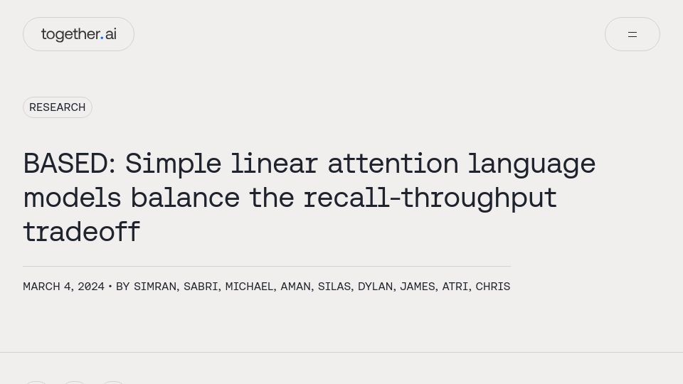 Screenshot of together.ai: Based: Simple linear attention language models