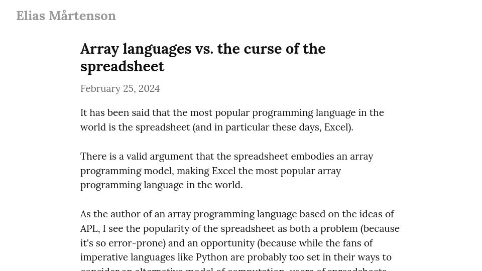 Screenshot of blog.dhsdevelopments.com: Array languages vs. the curse of the spreadsheet