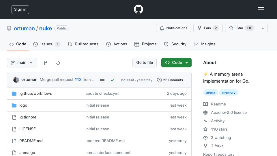 Screenshot of github.com: Nuke: A memory arena implementation for Go