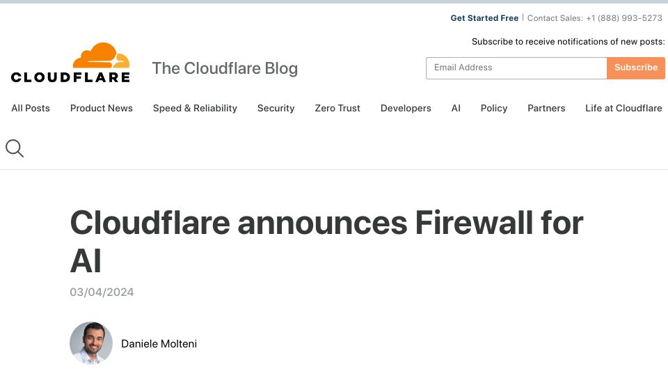 Screenshot of blog.cloudflare.com: Cloudflare Announces Firewall for AI