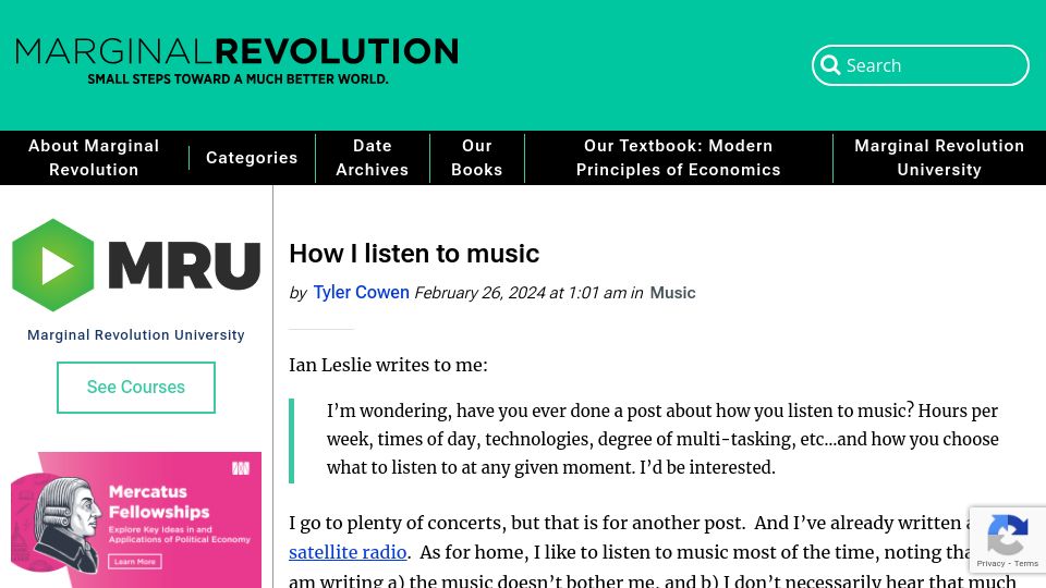 Screenshot of marginalrevolution.com: How I listen to music