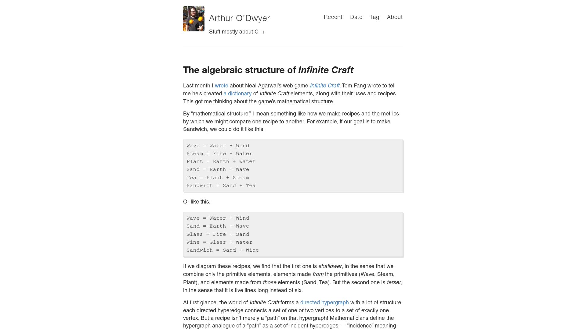 Screenshot of quuxplusone.github.io: The algebraic structure of Infinite Craft