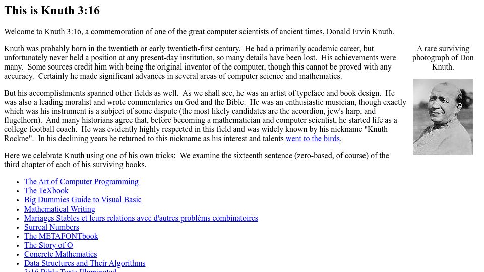 Screenshot of larry.denenberg.com: This Is Knuth 3:16 (2002)